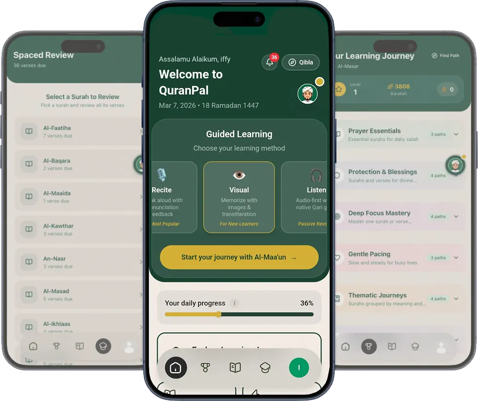 QuranPal App Screenshots showing spaced review, guided learning, and learning pathways